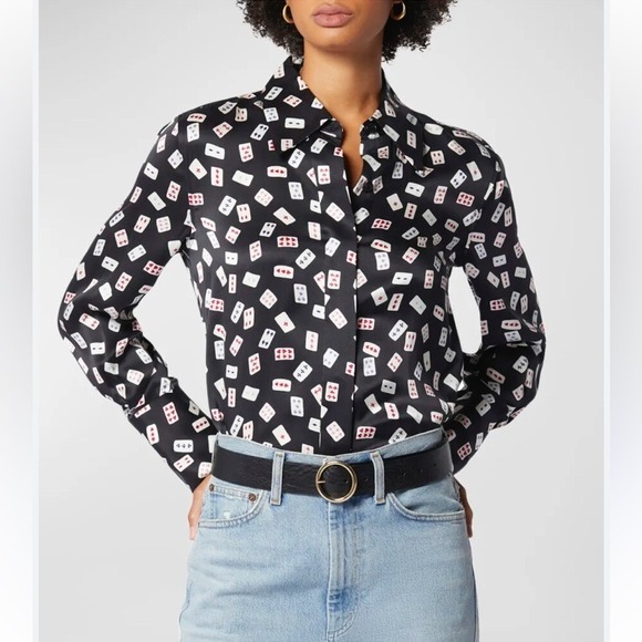 Equipment | Annelie Playing Cards Print Button Down Satin Top Playing Cards Silk - Picture 13 of 16